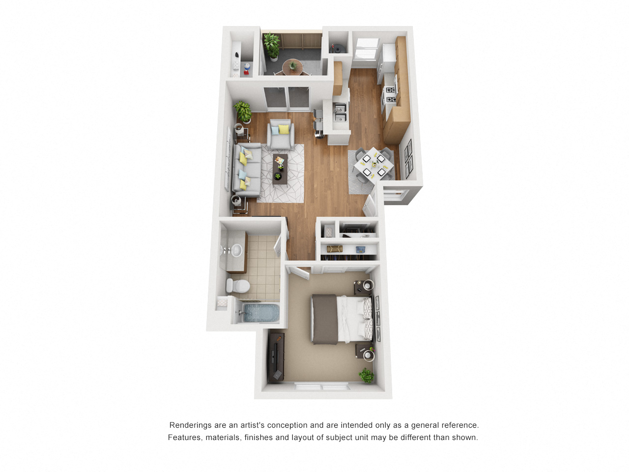 Floor plan for 1 bed, 1 bath, 678 sqft